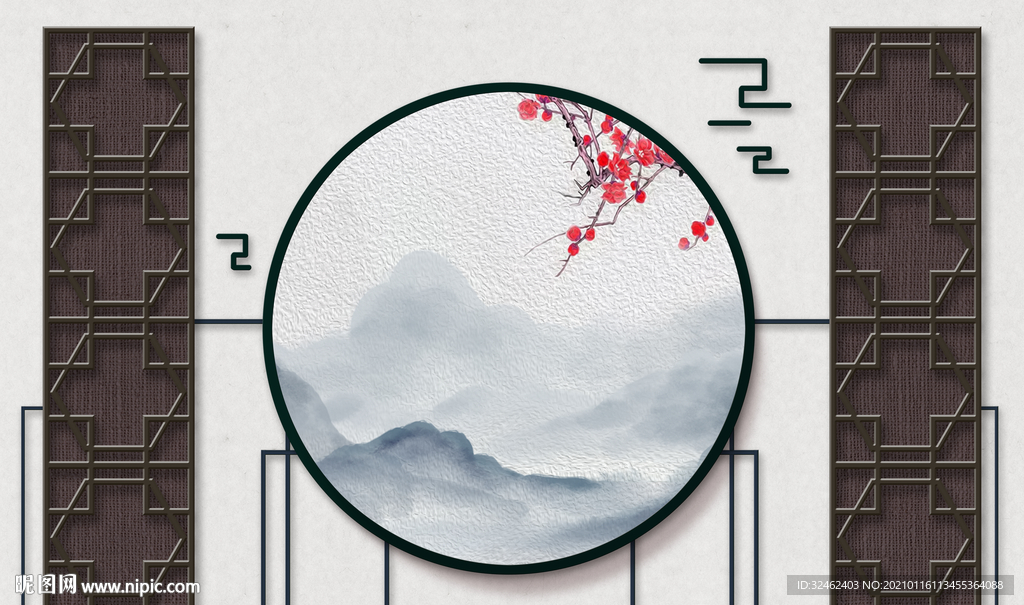 新中式梅花水墨山水背景墙