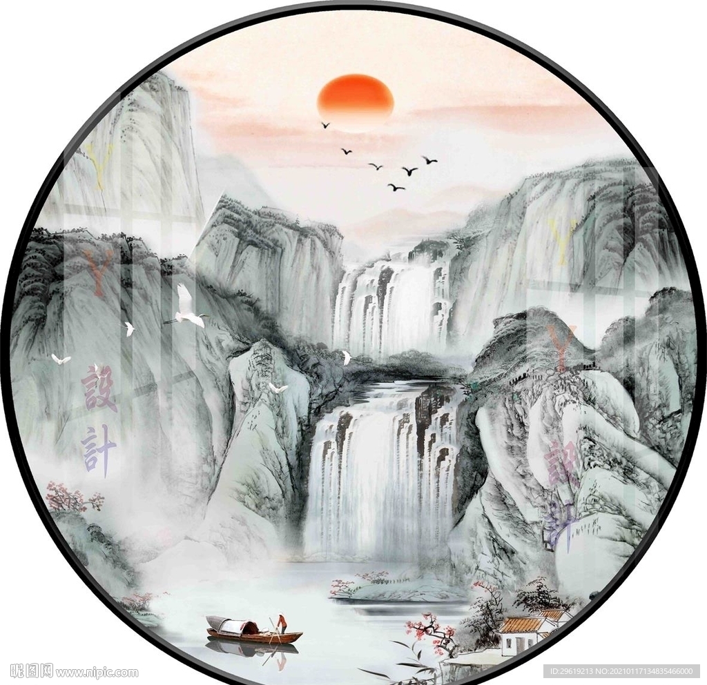 新中式水墨意境山水圆形装饰画图