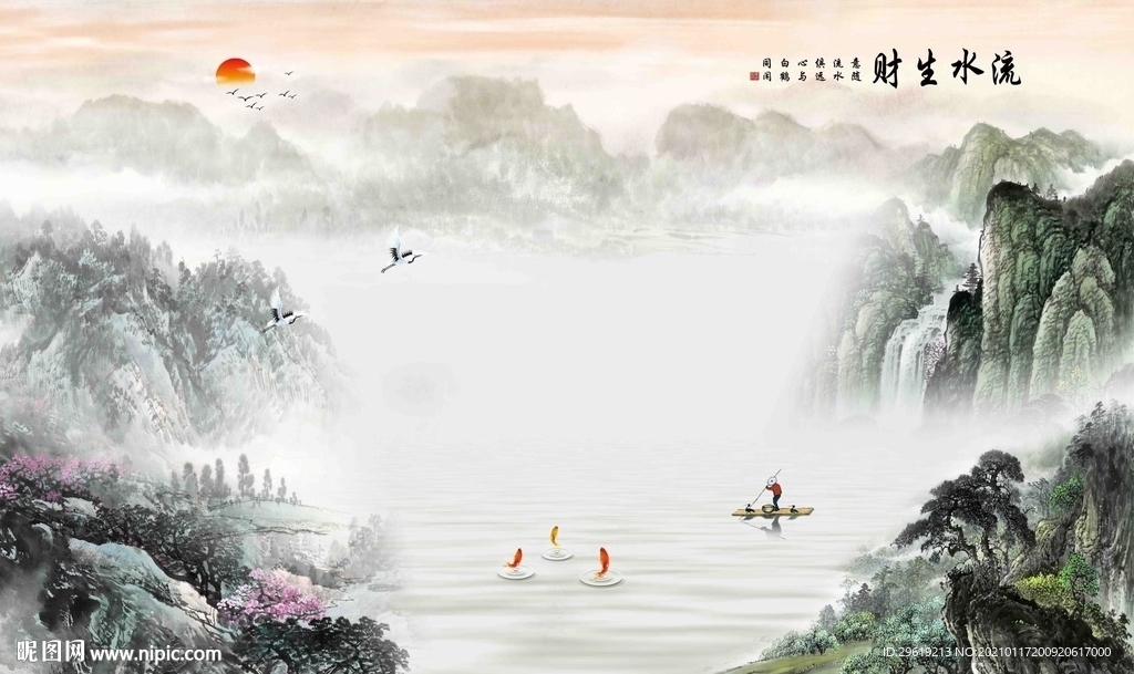 新中式意境水高清背景墙图片