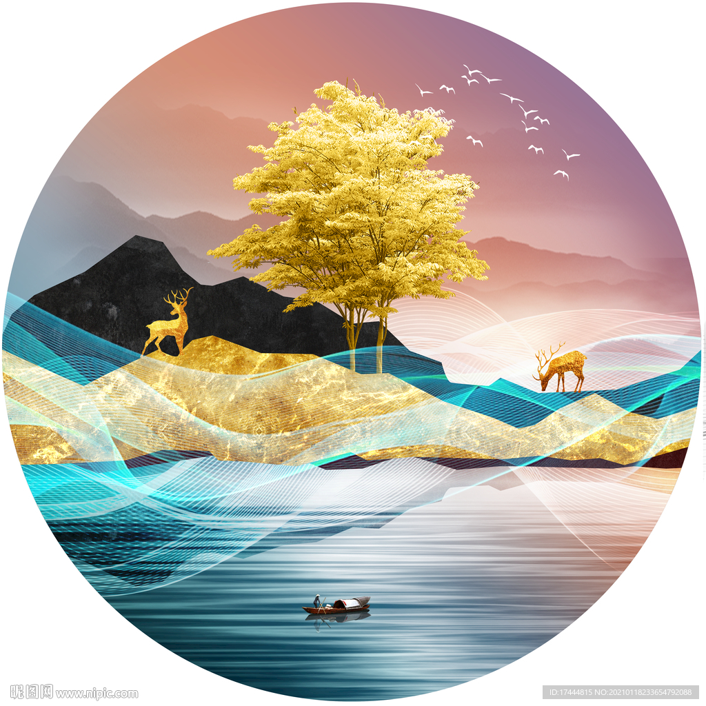 新中式珐琅彩山水圆形装饰画