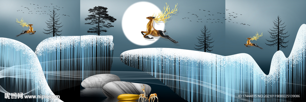现代简约珐琅彩山水晶瓷三联画