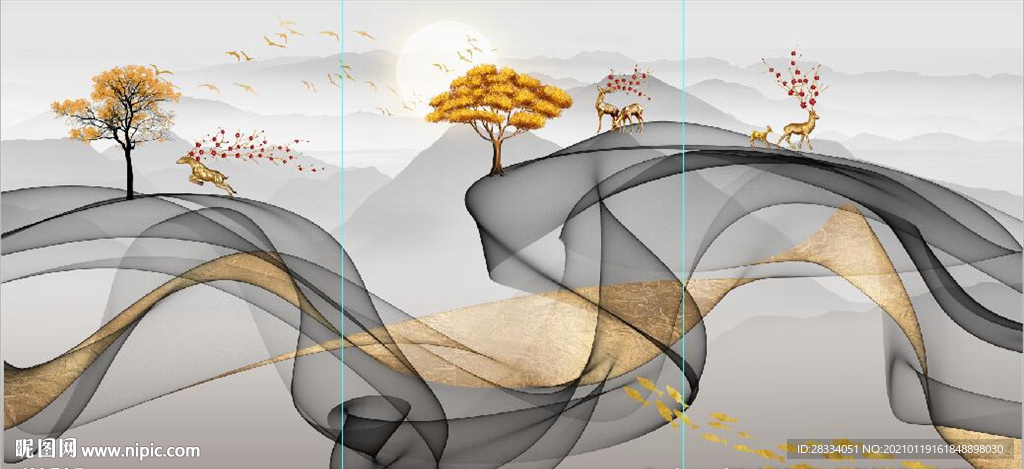 新中式抽象飘带山水麋鹿装饰画
