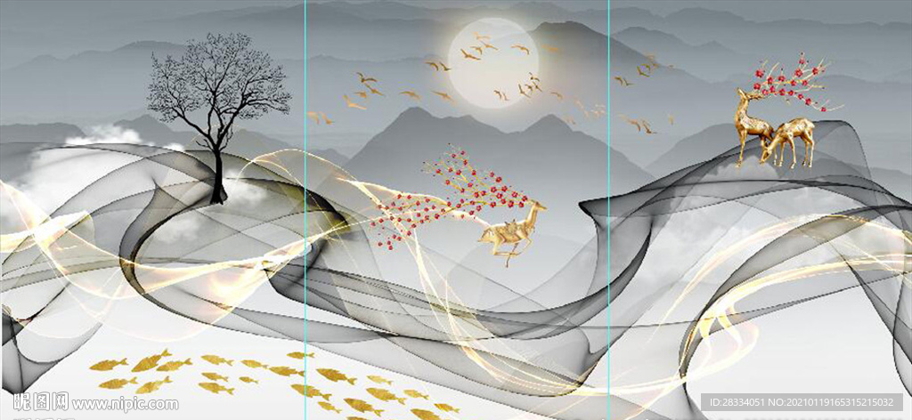 新中式抽象飘带山水麋鹿装饰画