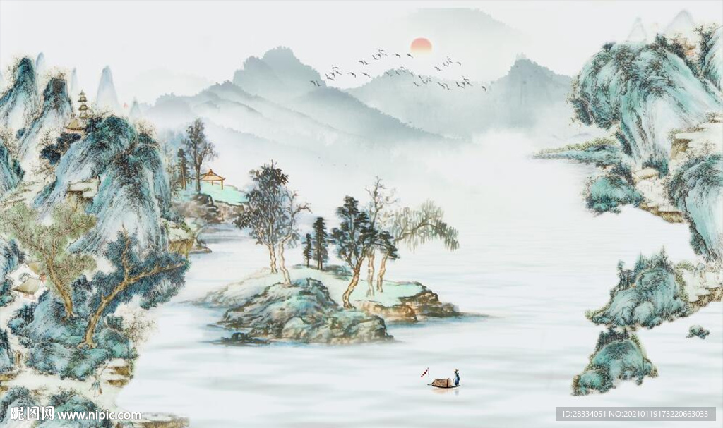 新中式古代水墨山水国画壁画