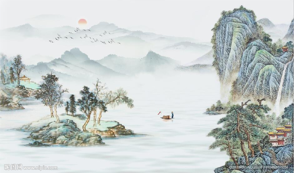 新中式古代水墨山水国画壁画