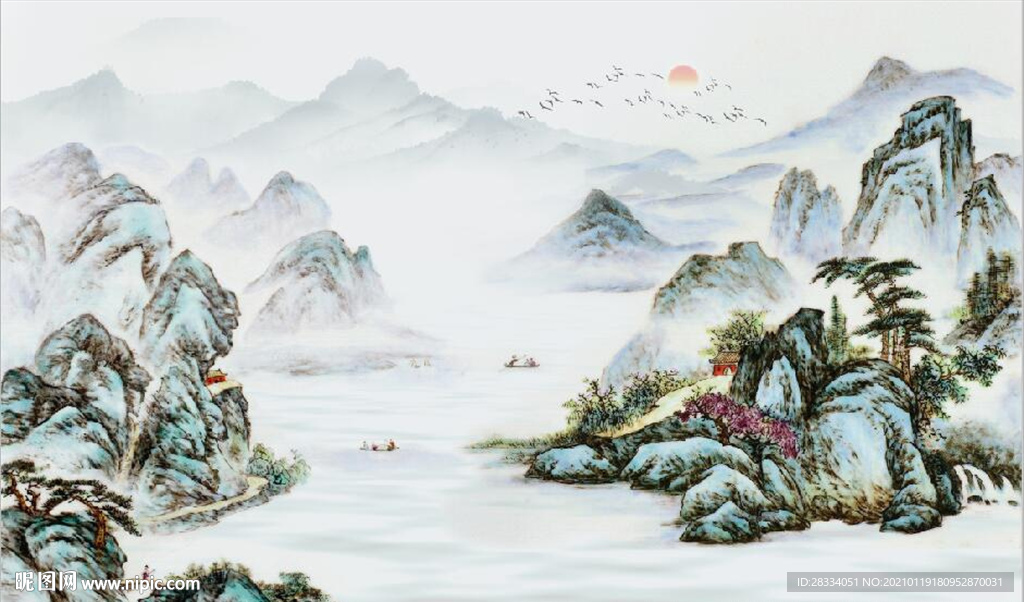 新中式古代水墨山水国画壁画