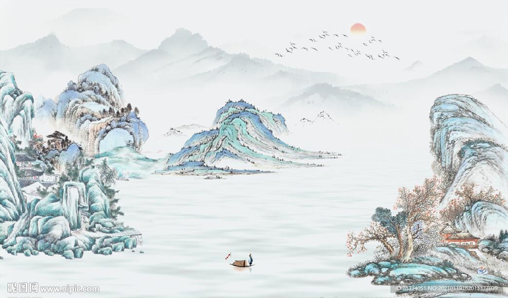 新中式古代水墨山水国画壁画