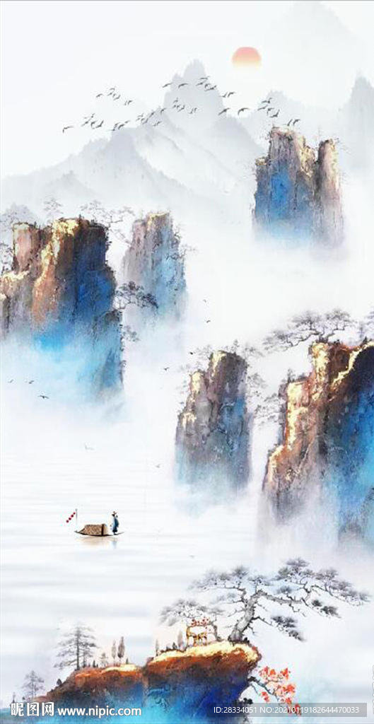 新中式山水松林风景玄关装饰画