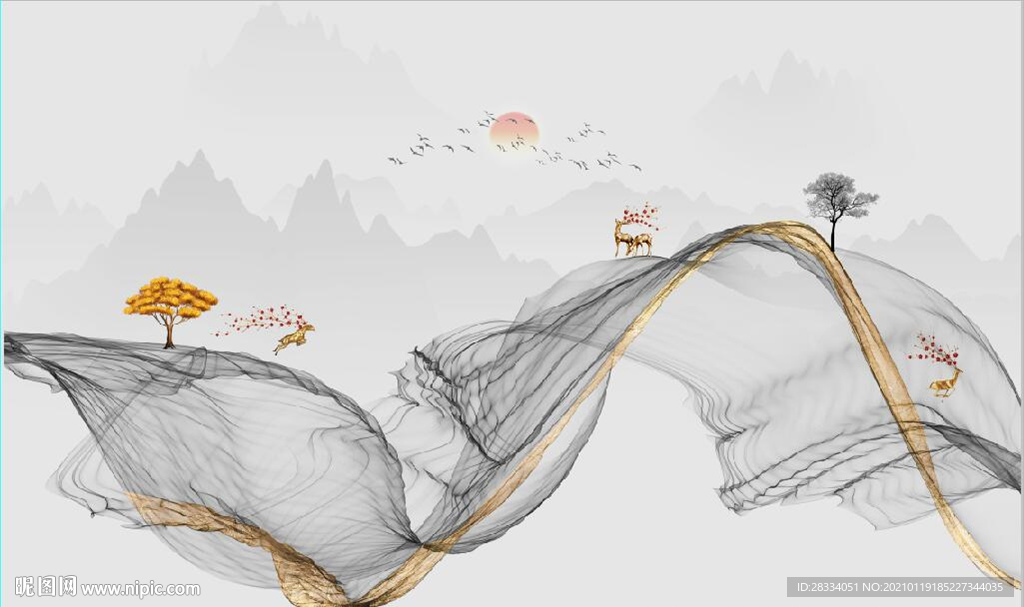 新中式抽象金色水墨山水背景墙