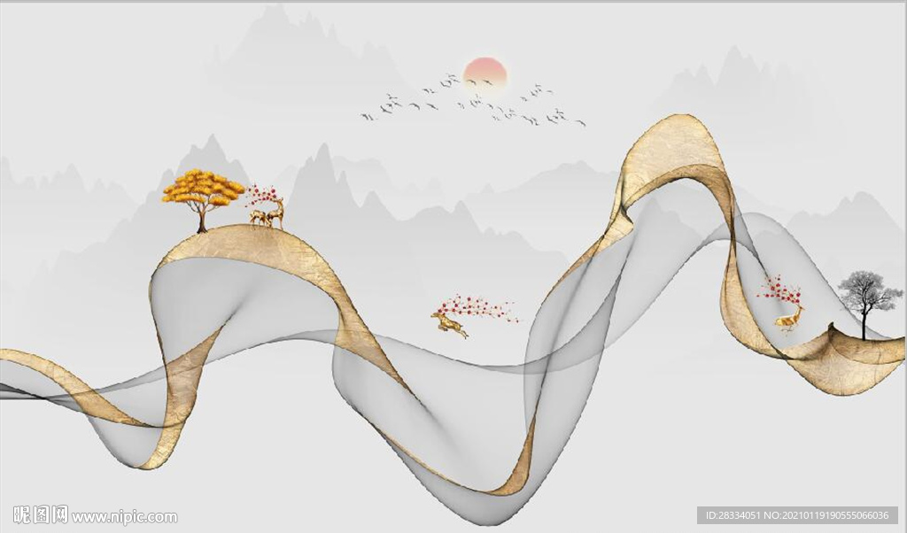 新中式抽象金色水墨山水背景墙