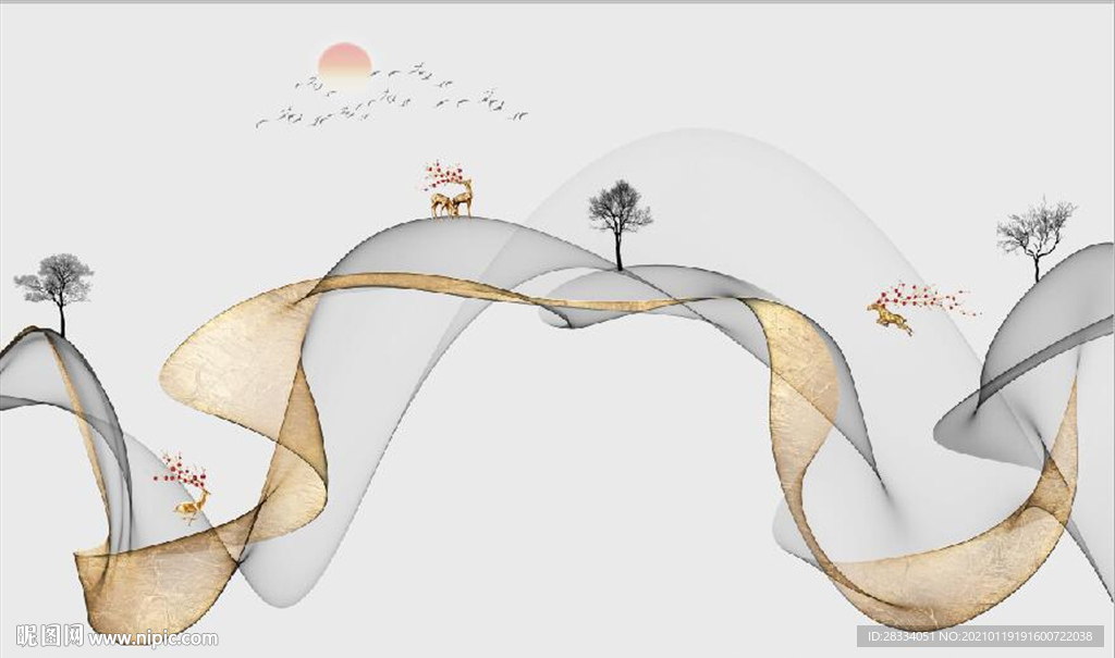 新中式抽象金色水墨山水背景墙