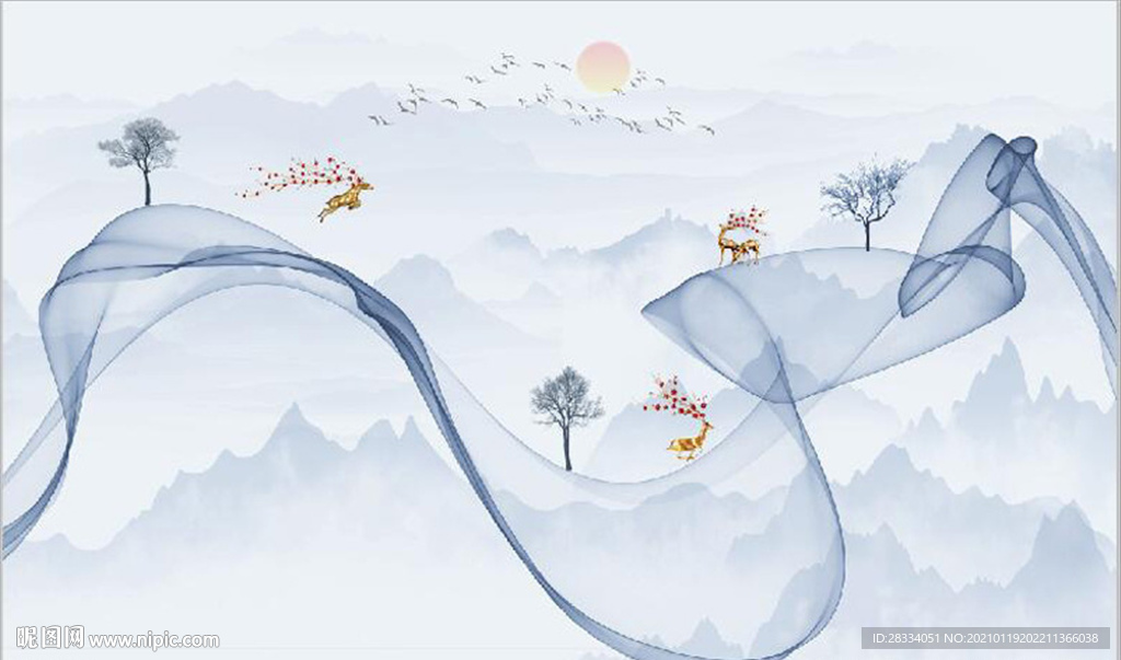 新中式抽象水墨麋鹿山水背景墙