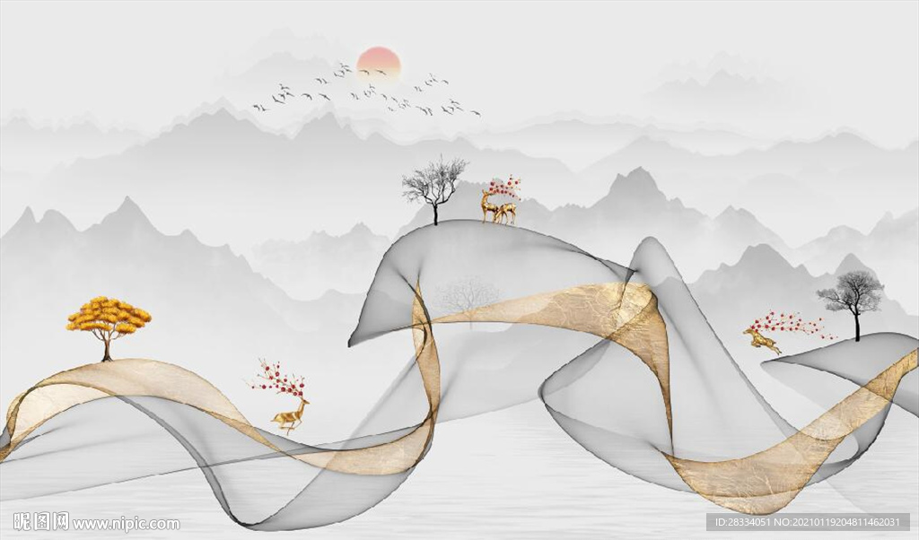 新中式抽象金色水墨山水背景墙