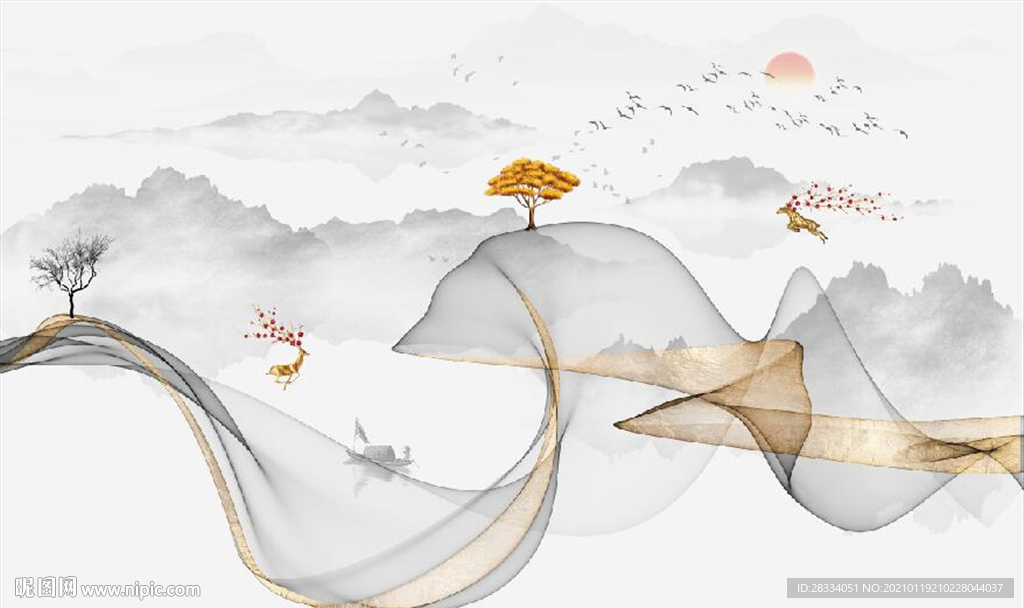 新中式抽象金色水墨山水背景墙