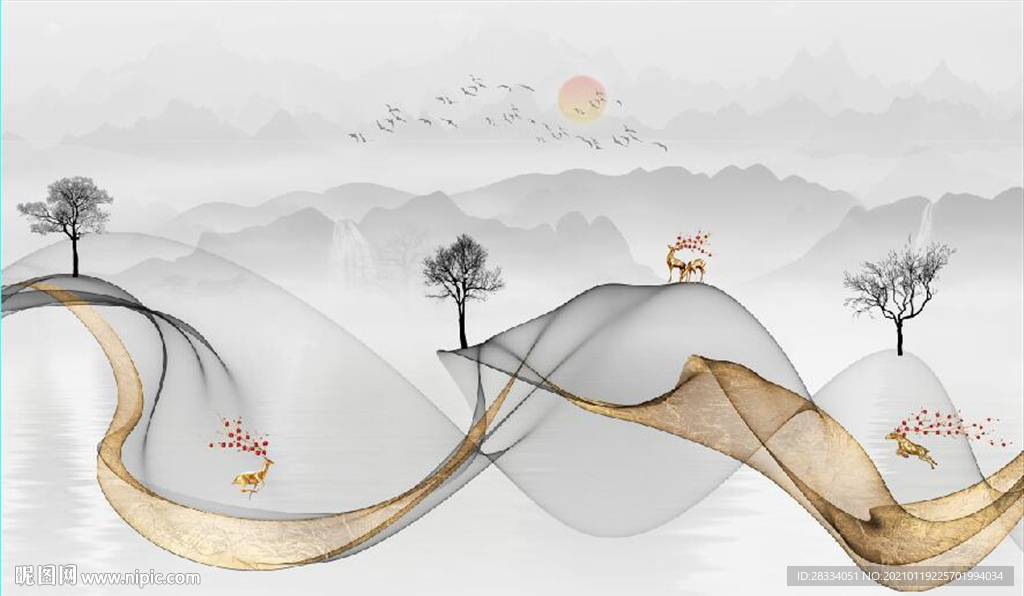 新中式抽象金色水墨山水背景墙