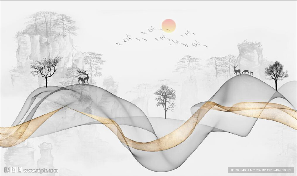 新中式抽象金色水墨山水背景墙