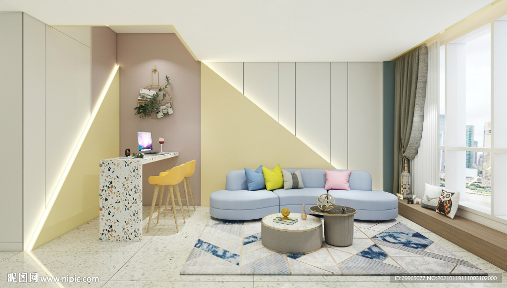 岩板瓷砖空间效果图 奶油黄