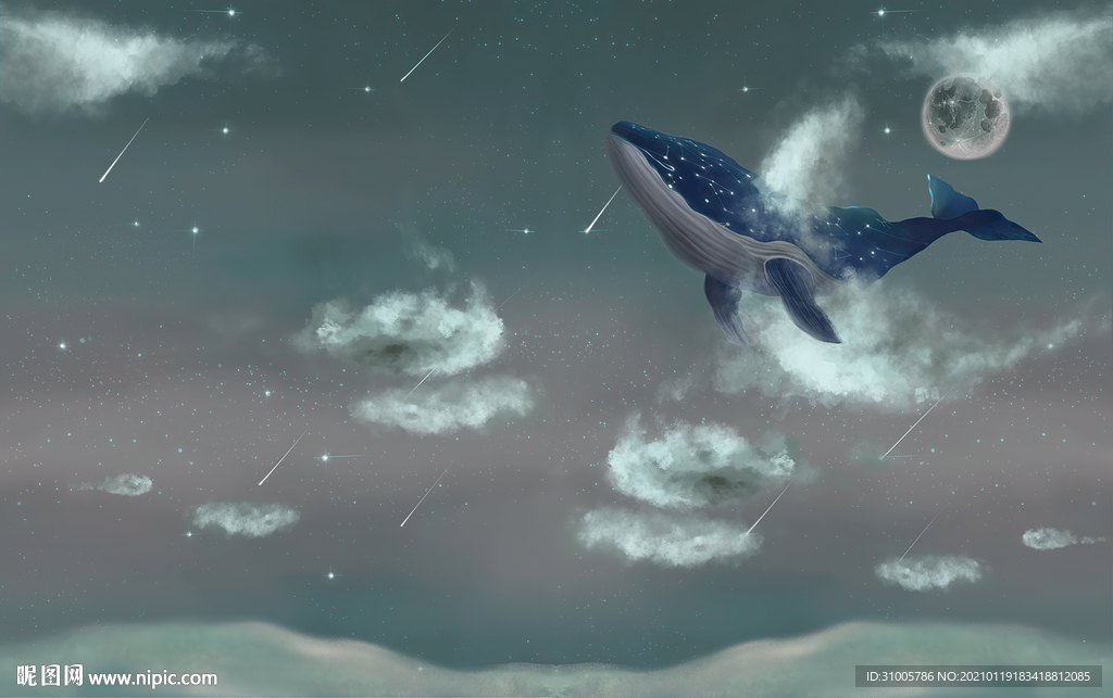 卡通天空鲸鱼背景墙