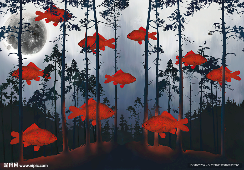 抽象树林红鱼儿