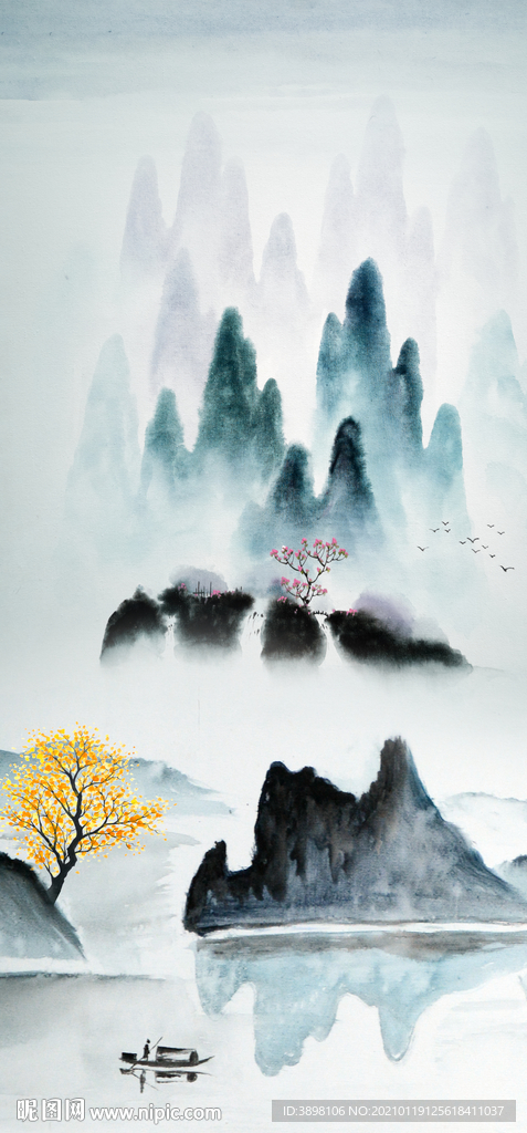 手绘山林瀑布玄关这装饰画
