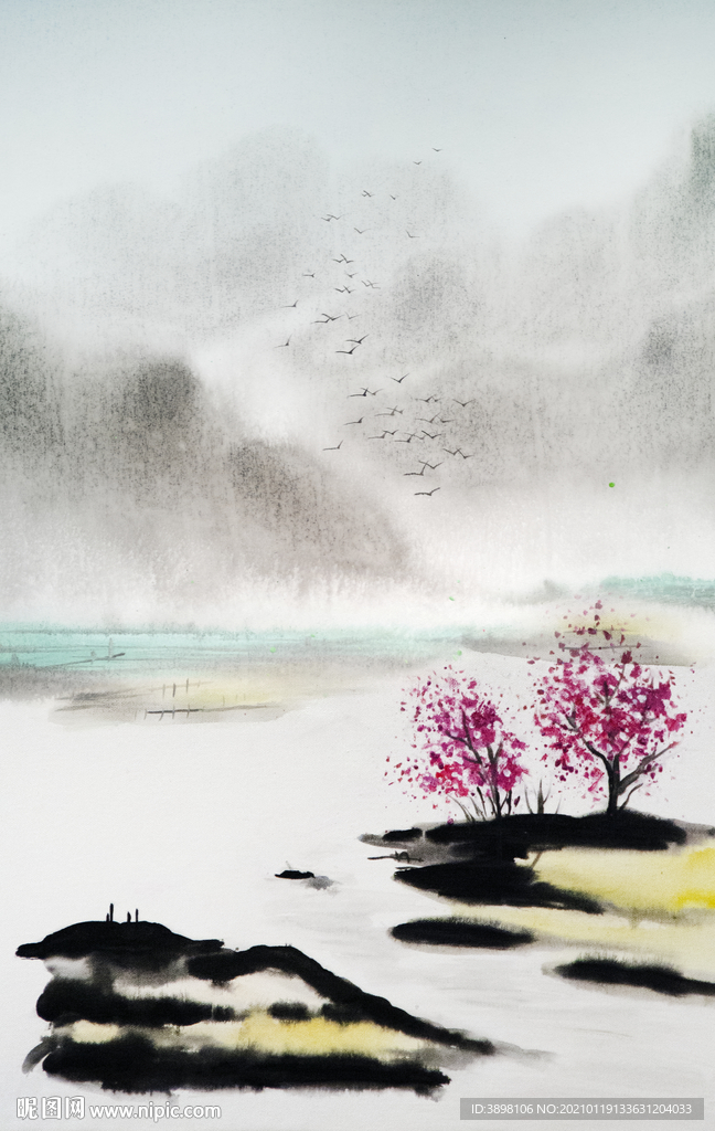 手绘田园山水玄关装饰画