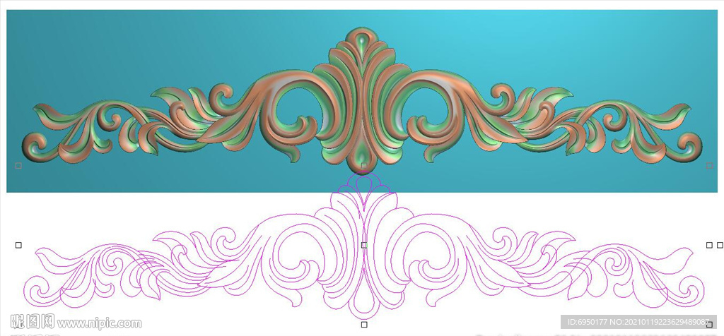 长方形洋花门头花精雕图浮雕灰度