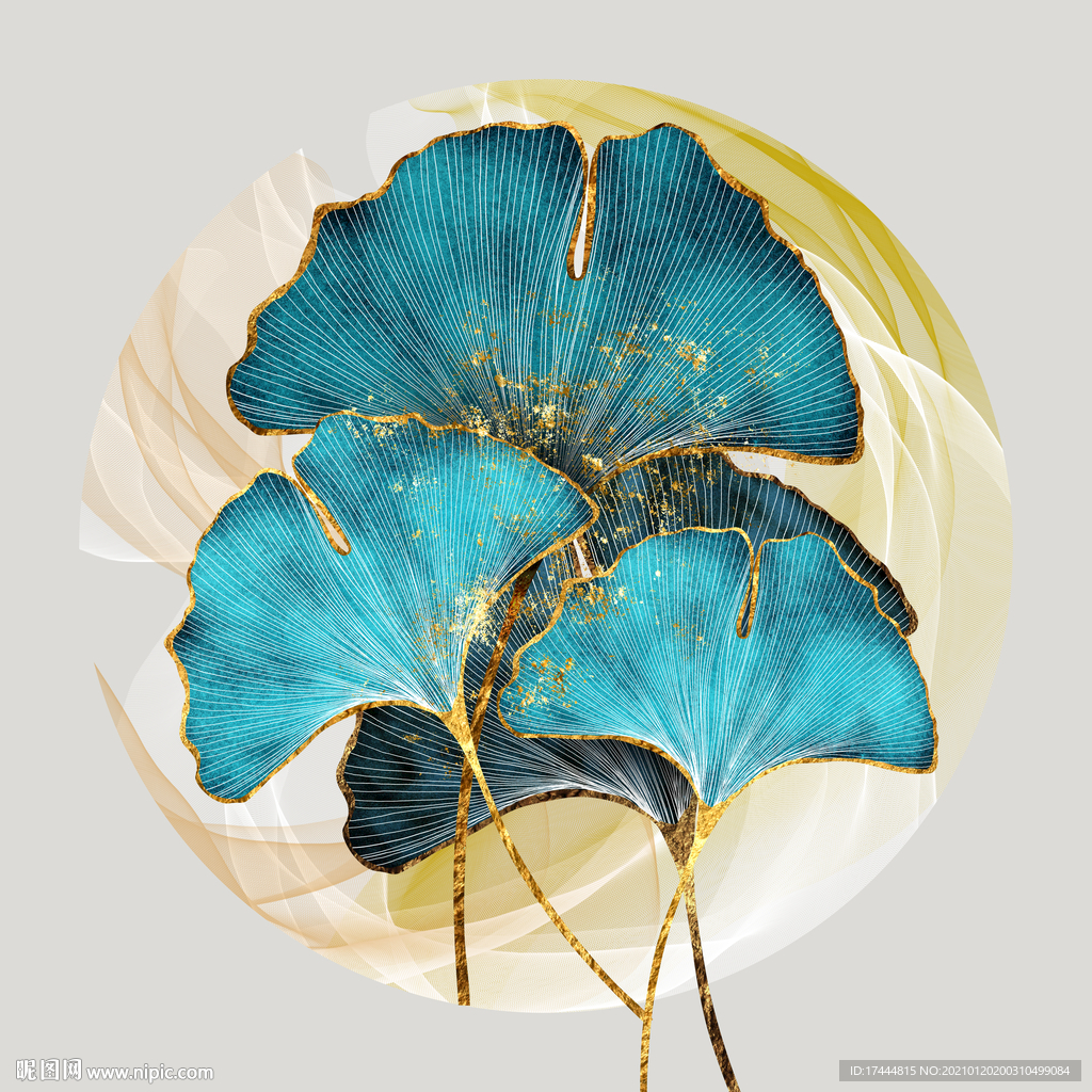 珐琅彩蓝色银杏叶圆形装饰画