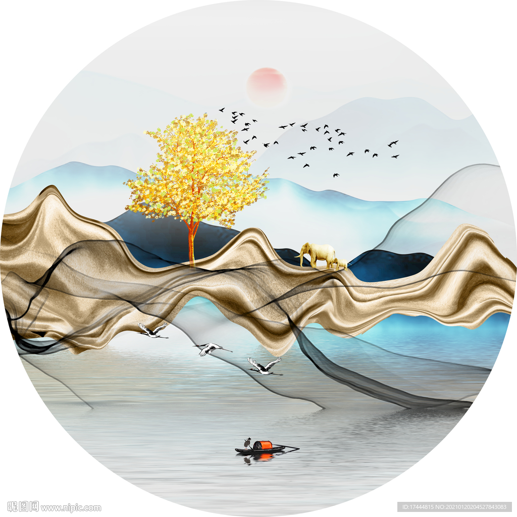 新中式抽象山水圆形装饰画