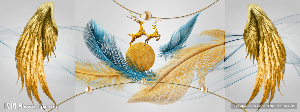 轻奢抽象北欧金色麋鹿组合装饰画