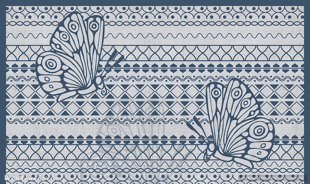 蓝调花纹边框蝴蝶地垫地毯