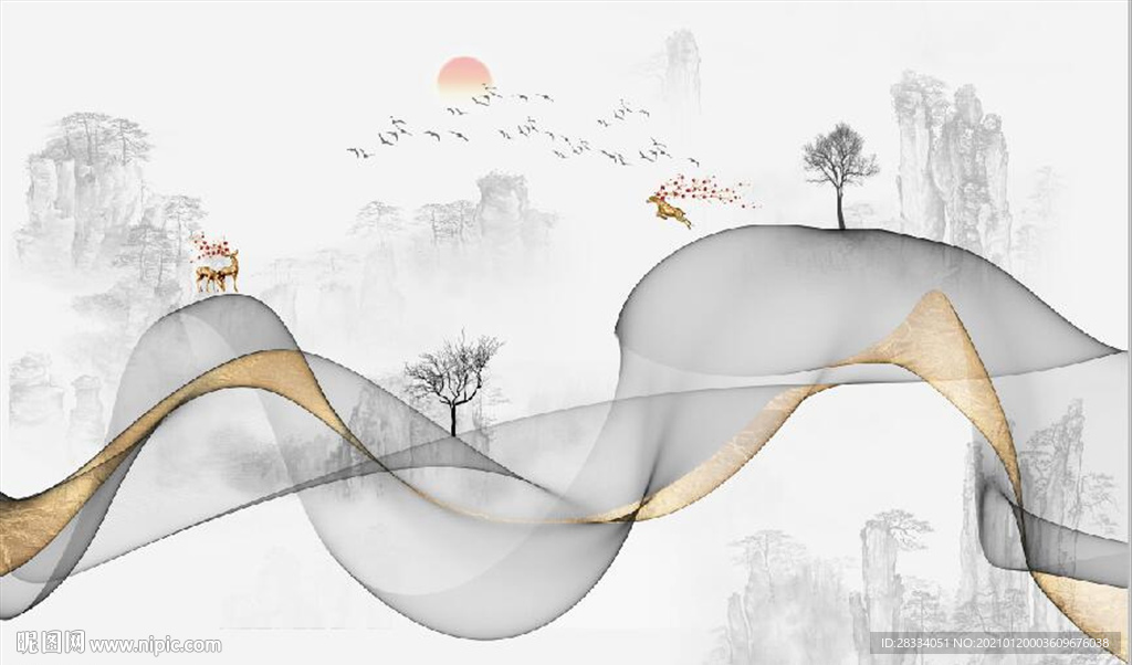 新中式抽象金色水墨山水背景墙