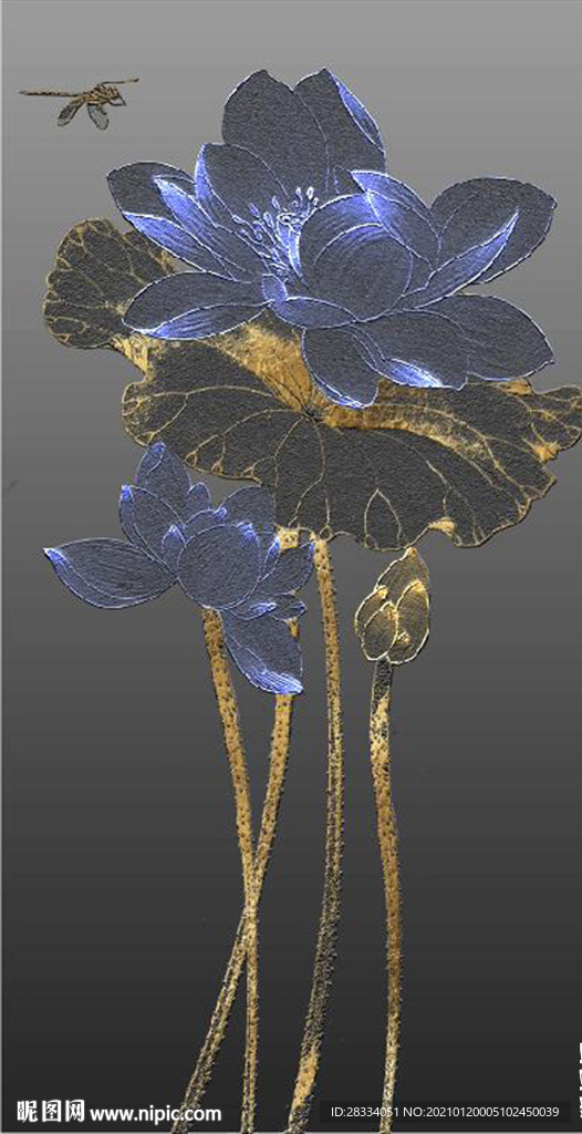 北欧风金色浮雕蓝莲花玄关装饰画