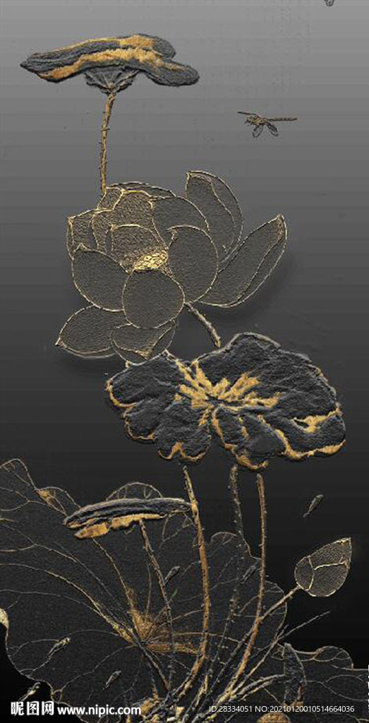 北欧风金色浮雕荷花玄关装饰画