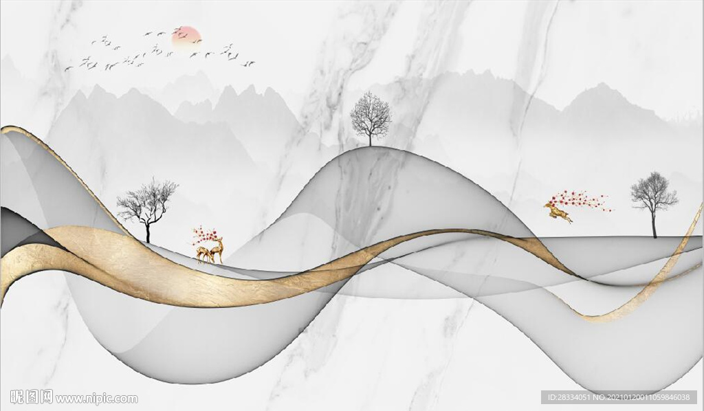 新中式抽象金色水墨山水背景墙