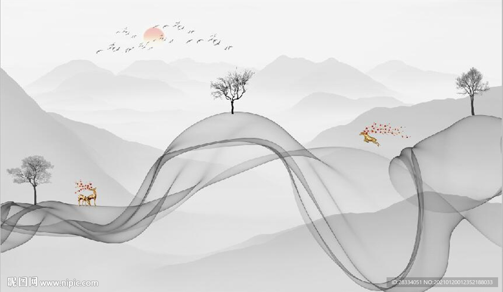 新中式抽象水墨麋鹿山水背景墙