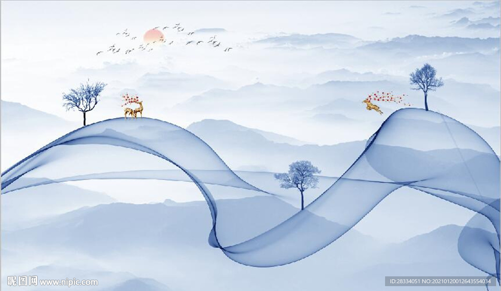 新中式抽象水墨麋鹿山水背景墙