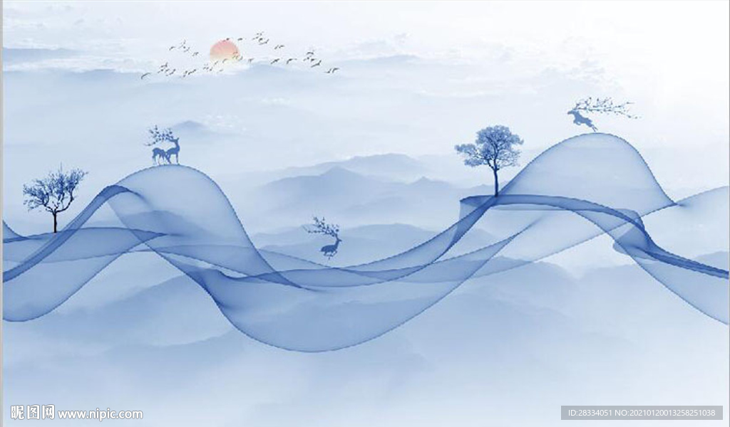 新中式抽象水墨麋鹿山水背景墙