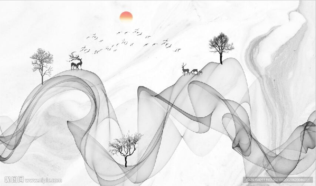 新中式抽象水墨麋鹿山水背景墙