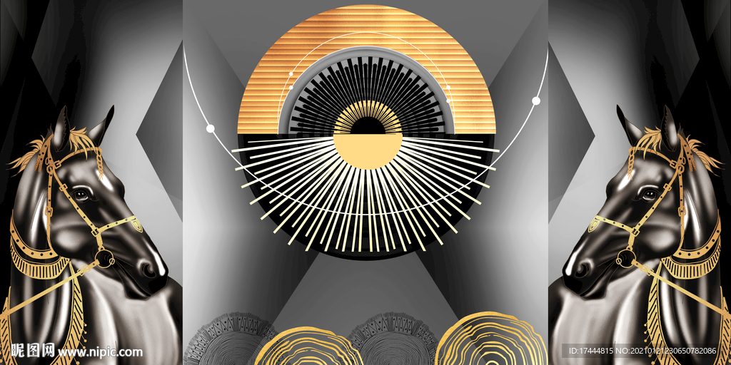 北欧抽象立体金箔骏马组合三联画