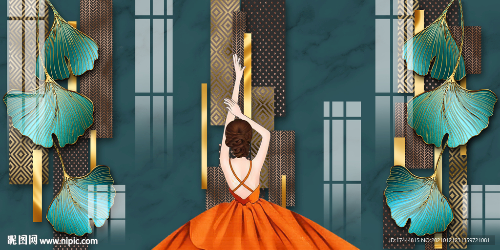 晶瓷三联银杏叶美女组合装饰画