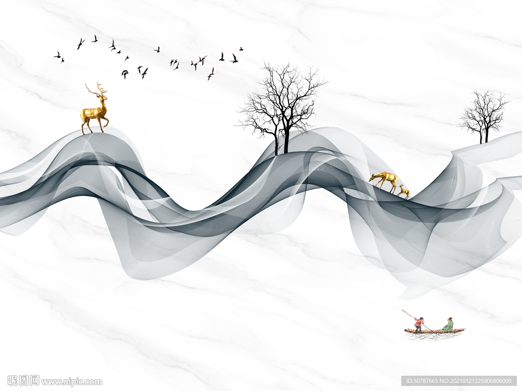 麋鹿抽象线条大理石纹背景墙