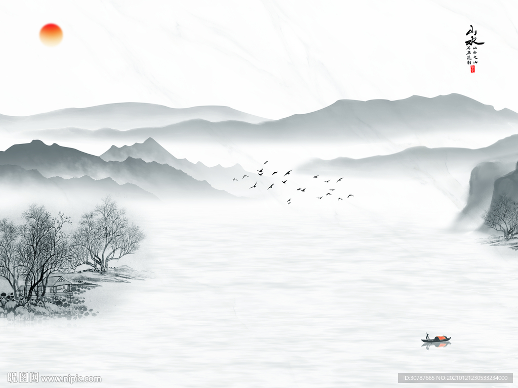 新中式水墨山水背景墙