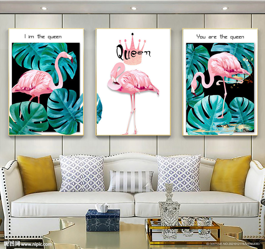 植物叶子火烈鸟三联画