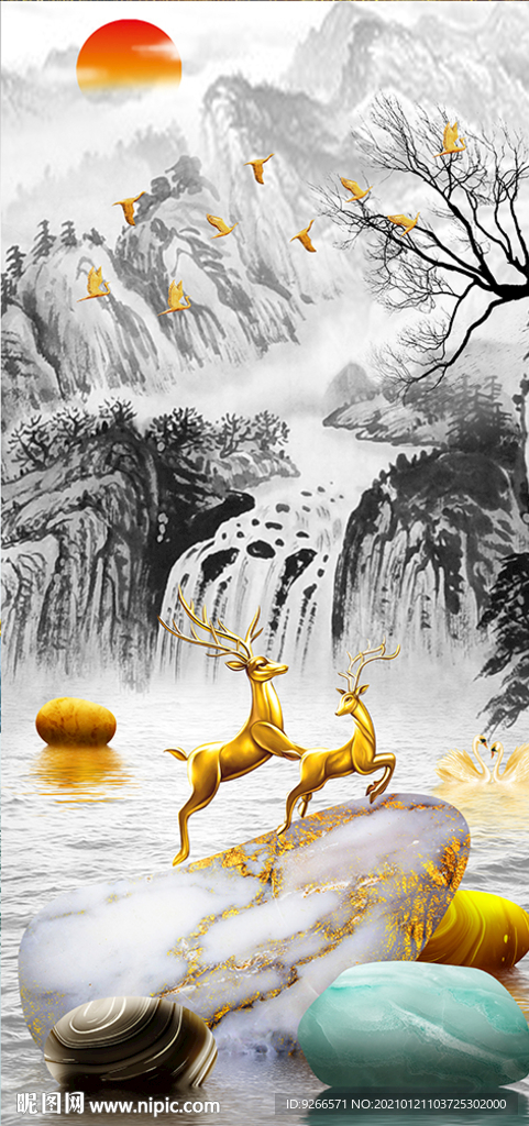 山水麋鹿石来运转装饰画晶瓷画