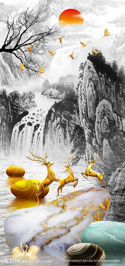 山水麋鹿石来运转装饰画晶瓷画