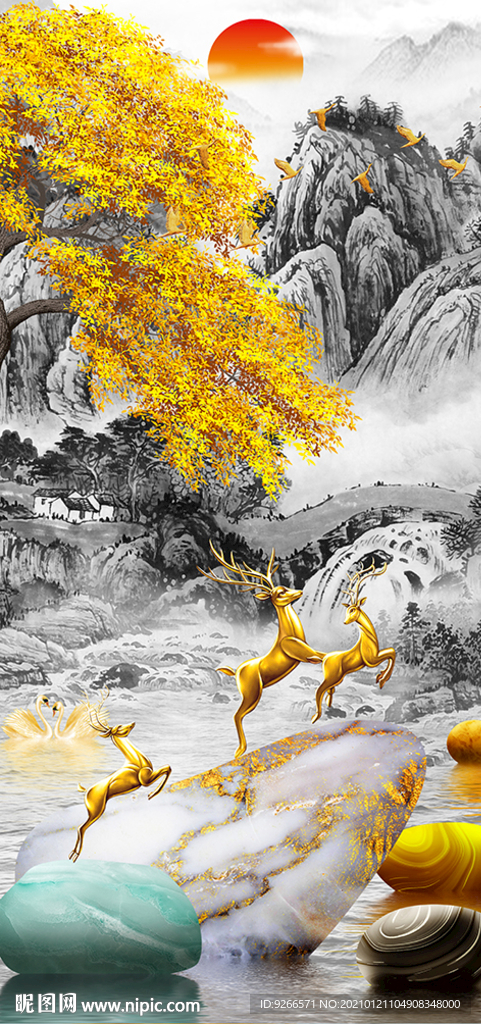 山水麋鹿石来运转装饰画晶瓷画