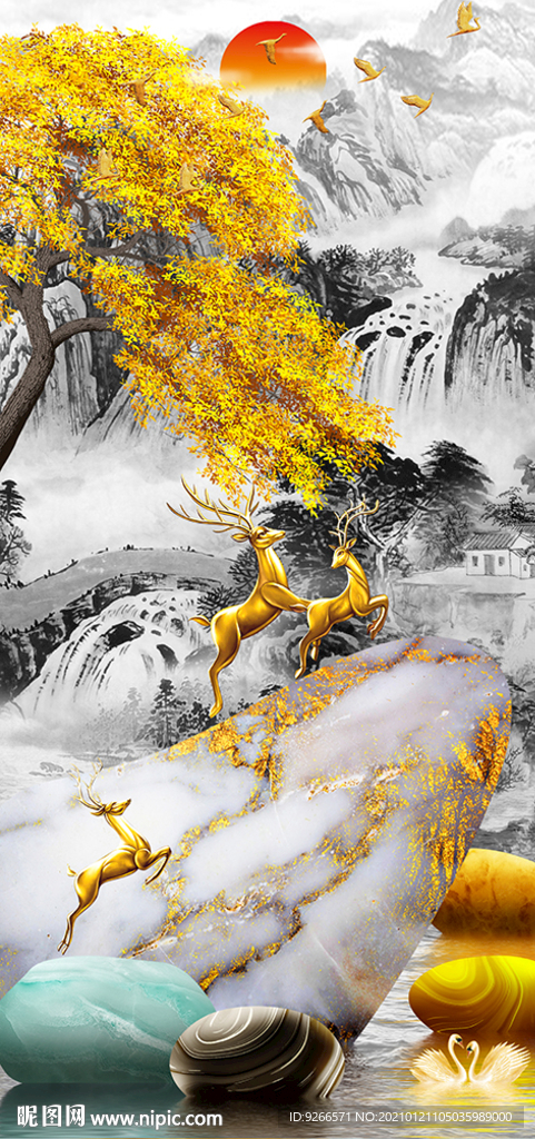 山水麋鹿石来运转装饰画晶瓷画