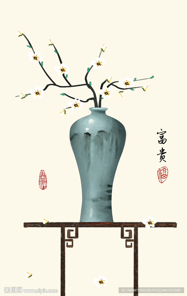 新中式简约禅意手绘花瓶花卉玄关