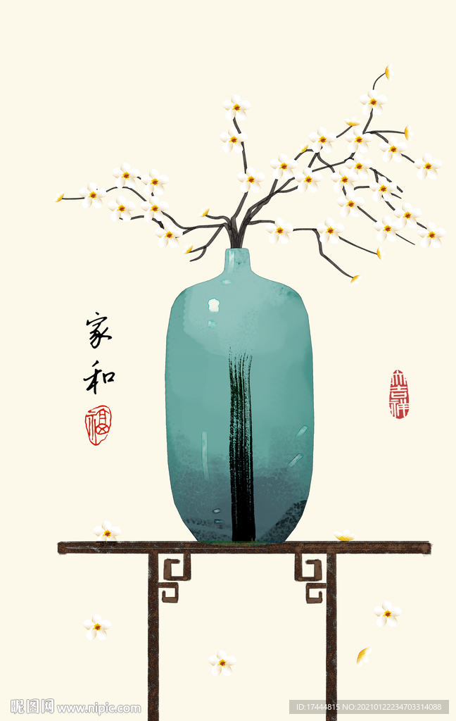 新中式现代简约禅意手绘花瓶玄关