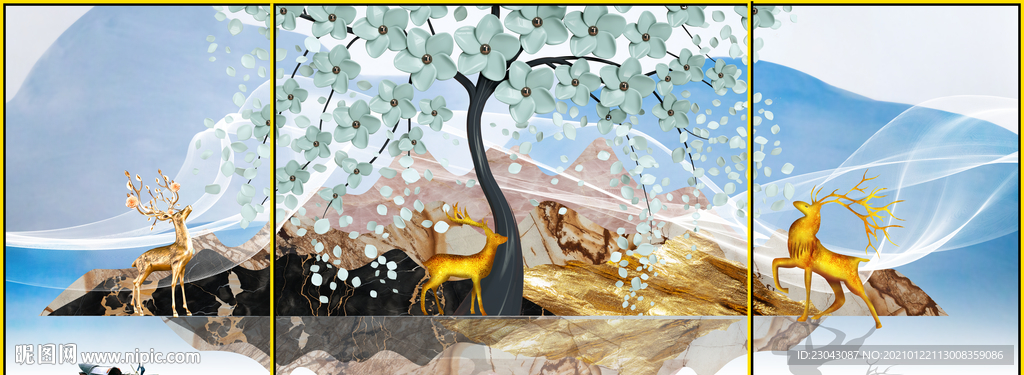 浮雕麋鹿发财树装饰画